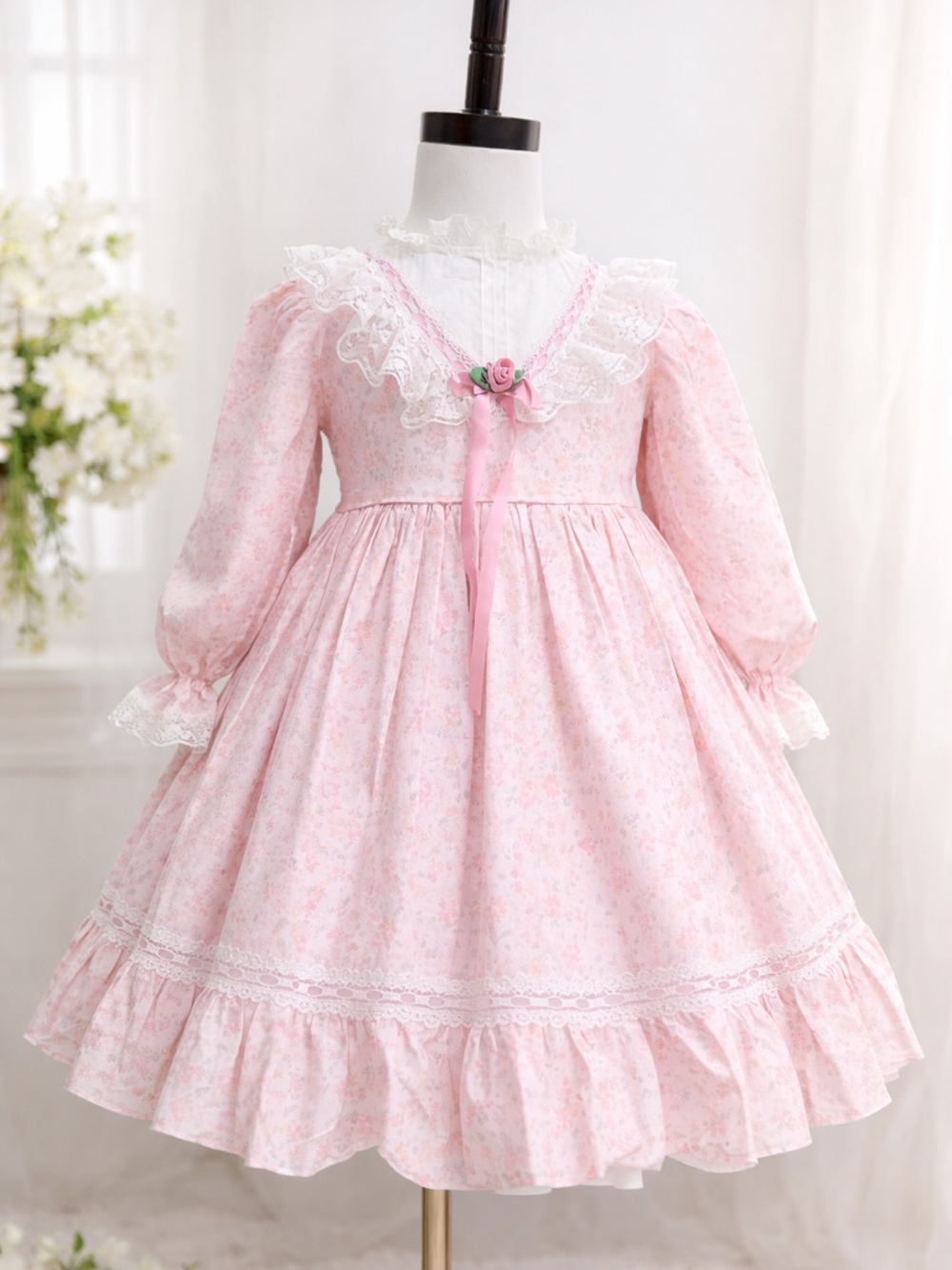Rare Vintage Girls 1980s Pink Floral Ivory Frill Dress Original VTG 4T Heirloom